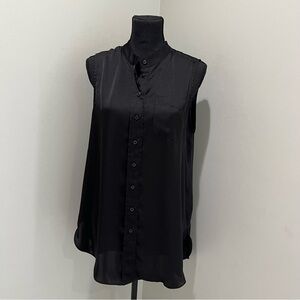 DR2 Sleeveless Black Satin Tunic Top Size M Button Down Crew Neck EUC Flowy